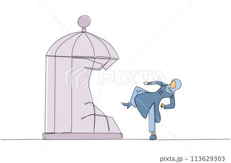 Continuous one line drawing Arabian businesswoman destroy cage with the kick. Metaphors remove the comfort zone trap. A genius entrepreneur for the company. Single line draw design vector illustration Continuous one line drawing Arabian businesswoman destroy cage with the kick. Metaphors remove the comfort zone trap. A genius entrepreneur for the company. Single line draw design vector illustration 113629303