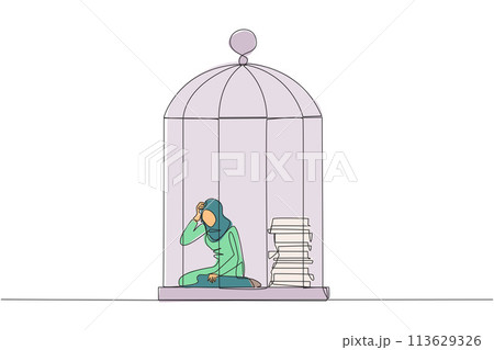 Single one line drawing Arabian businesswoman trapped in cage sitting down frustrated. Stress with piling up unfinished work until close to deadline. Exhausted. Continuous line graphic illustration 113629326