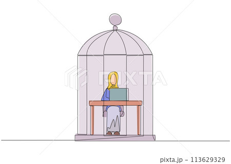 Single one line drawing Arab businesswoman trapped in cage sitting and typing on laptop computer. Tiring routine. Unhappy businessman with many deadline. Continuous line design graphic illustration Single one line drawing Arab businesswoman trapped in cage sitting and typing on laptop computer. Tiring routine. Unhappy businessman with many deadline. Continuous line design graphic illustration 113629329