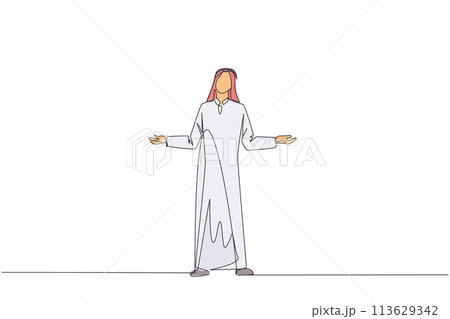 Single one line drawing Arab businessman standing straight with open arms. Lonely and sadness businessman lamenting undeveloped business. Unhappy manager. Continuous line design graphic illustration Single one line drawing Arab businessman standing straight with open arms. Lonely and sadness businessman lamenting undeveloped business. Unhappy manager. Continuous line design graphic illustration 113629342