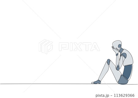 Continuous one line drawing smart robot sitting while covering face. Unhappy robotic bemoans the fate of business. Failure to develop business unit. Tech. Single line draw design vector illustration 113629366