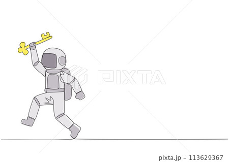 Single one line drawing young astronaut running holding key. Doing celebrate. Perform movements like a relay athlete. The secret key to business revival. Continuous line design graphic illustration 113629367