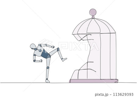 Continuous one line drawing taekwondo robot destroy the cage with the kick. Metaphors remove the comfort zone trap. A genius entrepreneur for the company. Single line draw design vector illustration Continuous one line drawing taekwondo robot destroy the cage with the kick. Metaphors remove the comfort zone trap. A genius entrepreneur for the company. Single line draw design vector illustration 113629393