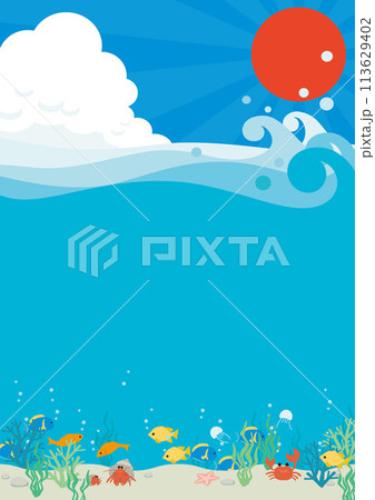 魚が泳ぐ海と夏の空と太陽のベクターイラスト 魚が泳ぐ海と夏の空と太陽のベクターイラスト 113629402