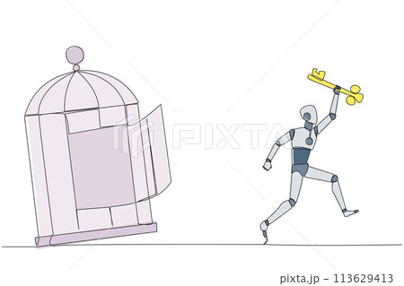 Single continuous line drawing smart robot running out of the cage holding the key. Concept of freedom from something that binds. Freedom to advance business. One line design vector illustration Single continuous line drawing smart robot running out of the cage holding the key. Concept of freedom from something that binds. Freedom to advance business. One line design vector illustration 113629413