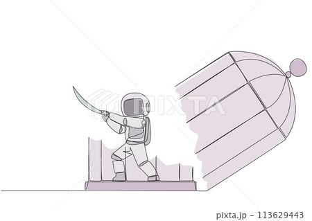 Single one line drawing young astronaut trapped in the cage holds samurai. Expression of anger over the limitations that shackle. Seek freedom at any cost. Continuous line design graphic illustration 113629443