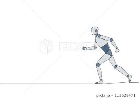 Single one line drawing smart robotic doing light exercise. Running aims to maintain heart health. The robot with healthy life style. Good mental. AI tech. Continuous line design graphic illustration 113629471