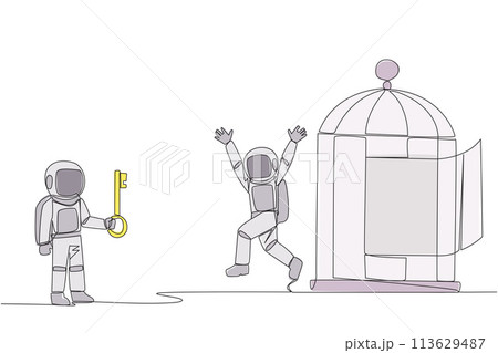 Single continuous line drawing young astronaut who was free by colleague from the trap of a cage. Teamwork metaphor. Growing business together. Great relationship. One line design vector illustration Single continuous line drawing young astronaut who was free by colleague from the trap of a cage. Teamwork metaphor. Growing business together. Great relationship. One line design vector illustration 113629487