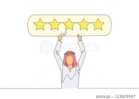 Continuous one line drawing young Arabian man holding rating board which contains 5 stars. Star rating. Positive review. Online shopping with give 5 rating. Single line draw design vector illustration 113629507