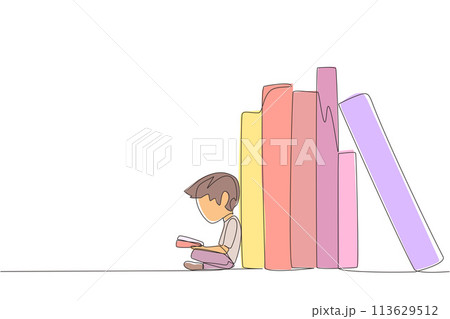 Single one line drawing happy boy reading...のイラスト素材 [113629512] - PIXTA