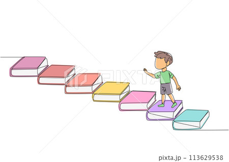Continuous one line drawing boy climb stairs from books. Reading increases knowledge which can increase the dignity of a better life. Book festival concept. Single line draw design vector illustration Continuous one line drawing boy climb stairs from books. Reading increases knowledge which can increase the dignity of a better life. Book festival concept. Single line draw design vector illustration 113629538