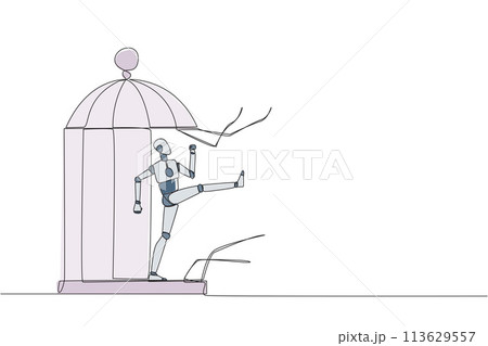 Single one line drawing robot trapped in the cage kick the caged until wrecked. Freedom of expression for the smooth running of business. Distractions. Continuous line design graphic illustration Single one line drawing robot trapped in the cage kick the caged until wrecked. Freedom of expression for the smooth running of business. Distractions. Continuous line design graphic illustration 113629557