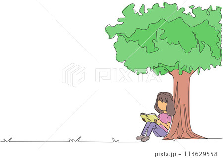 Single one line drawing girl sitting reading a book under shady tree. Continuing the second volume of the fiction story book. Enjoy reading. Book festival. Continuous line design graphic illustration Single one line drawing girl sitting reading a book under shady tree. Continuing the second volume of the fiction story book. Enjoy reading. Book festival. Continuous line design graphic illustration 113629558