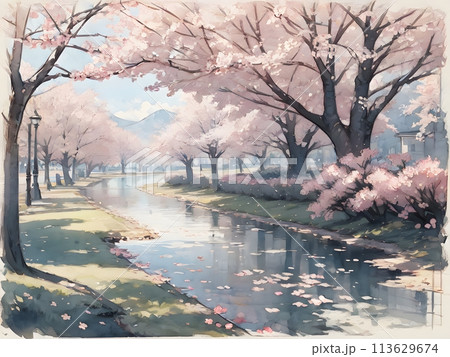 小川と桜のある風景　流れ 113629674