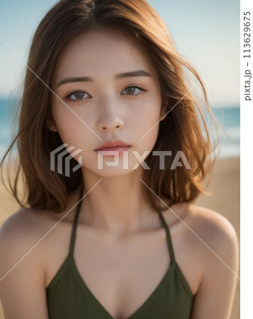 海で水着姿でキメ顔するロングヘアの女性 海で水着姿でキメ顔するロングヘアの女性 113629675