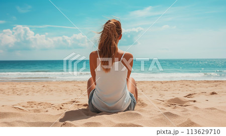 浜辺で座る若い女性の後姿 浜辺で座る若い女性の後姿 113629710