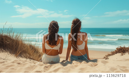 砂浜に座り海の方を見ている若い女性二人の後姿の明るく美しい写真 砂浜に座り海の方を見ている若い女性二人の後姿の明るく美しい写真 113629718