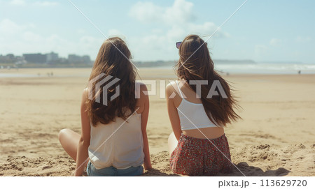 砂浜に座り海の方を見ている若い女性二人の後姿の明るく美しい写真 113629720