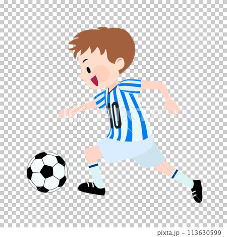 青と白のストライプのユニフォームを着てサッカーをする男の子のイラスト 113630599