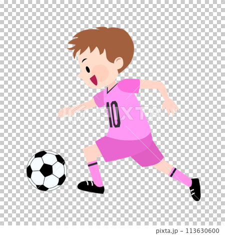 一個穿著粉紅色制服踢足球的男孩的插圖 113630600