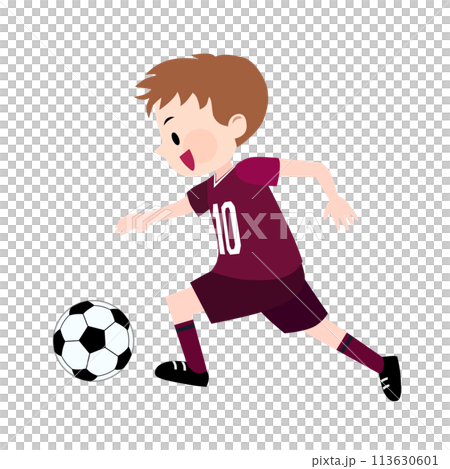 一個穿著紅紫色制服踢足球的男孩的插圖 113630601
