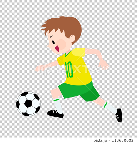 黄色と緑のユニフォームを着てサッカーをする男の子のイラスト 113630602