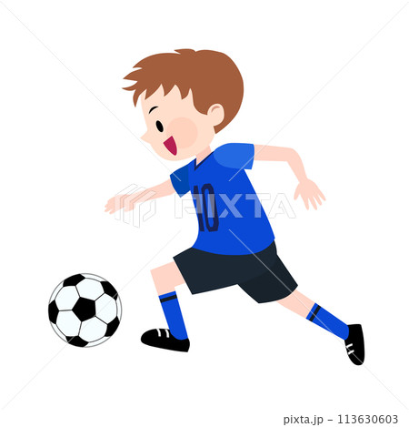 青いユニフォームを着てサッカーをする男の子のイラスト 113630603