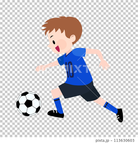 青いユニフォームを着てサッカーをする男の子のイラスト 113630603