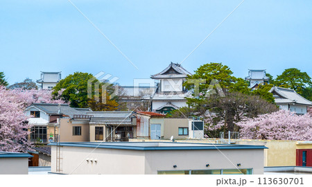 暖かな春に咲く満開の桜と観光の中心地金沢城公園石川門と街並みの景色|兼六駐車場より撮影|石川県金沢市 暖かな春に咲く満開の桜と観光の中心地金沢城公園石川門と街並みの景色|兼六駐車場より撮影|石川県金沢市 113630701