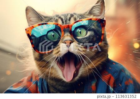 Meme art concept with cat wearing sunglasses and cardigan 113631352