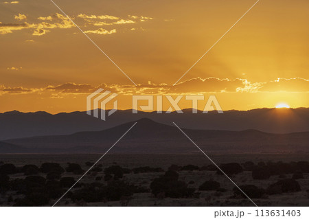 USA, New Mexico, Santa Fe, High Desert landscape at sunset USA, New Mexico, Santa Fe, High Desert landscape at sunset 113631403