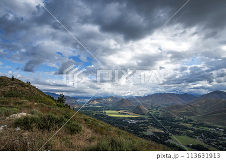 USA, Idaho, Hailey, View north up Wood River Valley towards Sun Valley from Carbonate Mountain 113631913