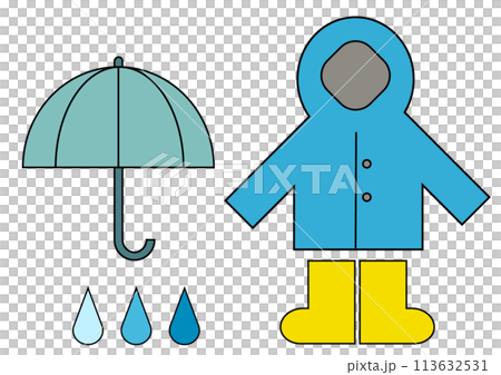 雨の日の傘とレインコートと長靴のイラスト 雨の日の傘とレインコートと長靴のイラスト 113632531