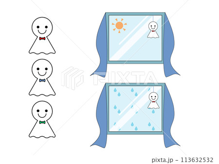 雨と雨上がりの日の窓とてるてる坊主のイラスト素材 113632532
