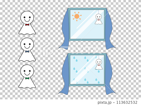 雨と雨上がりの日の窓とてるてる坊主のイラスト素材 113632532