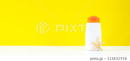Protective sunscreen or sunblock and sunbath lotion for healthy care skin woman in white plastic bottles,  113632559