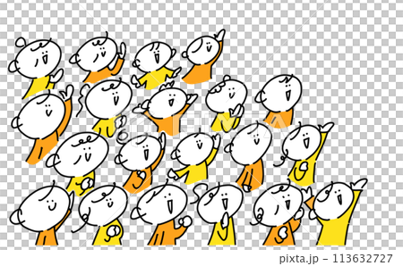 Smiling people looking up into the distance, happy people of all ages and genders, simple and cute line drawing illustration 113632727