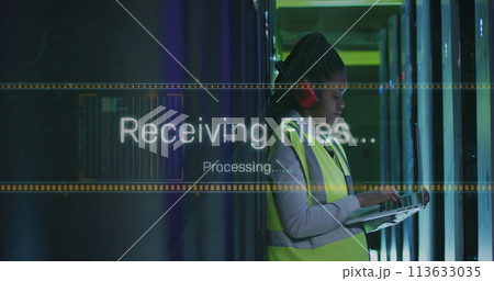 Image of data processing over african american female it engineer and computer servers 113633035