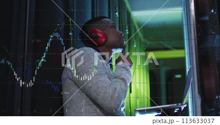 Image of data processing over african american male it engineer and computer servers 113633037