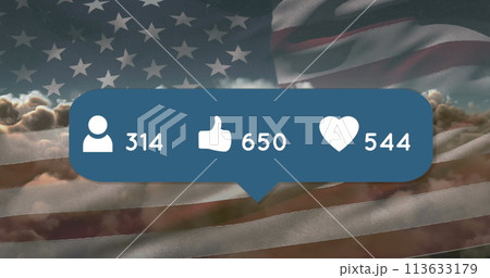 Image of social media icons with numbers on speech bubble over flag of usa 113633179