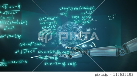 Image of robot's arm, mathematical formulae and scientific data processing over grey background Image of robot's arm, mathematical formulae and scientific data processing over grey background 113633192