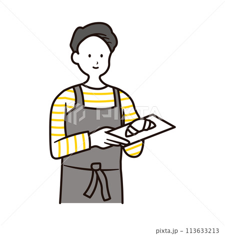 カフェで働くパンを皿に乗せて持っている男性店員の上半身イラスト素材 113633213