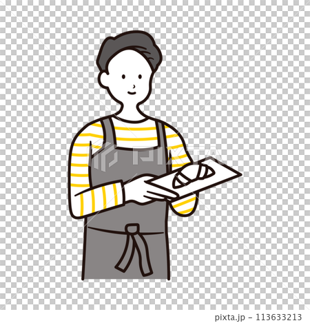 カフェで働くパンを皿に乗せて持っている男性店員の上半身イラスト素材 113633213