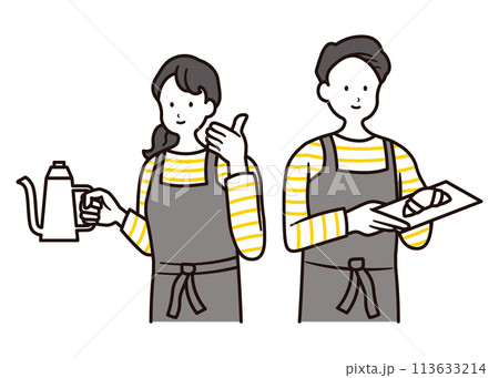 カフェで働くポットを持った女性スタッフとパンを皿に乗せて持った男性の上半身イラスト素材2組セット 113633214