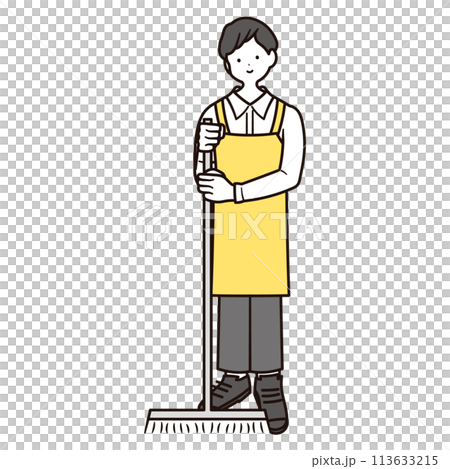 カフェで働くモップを持った日本人男性スタッフの全身イラスト素材 113633215