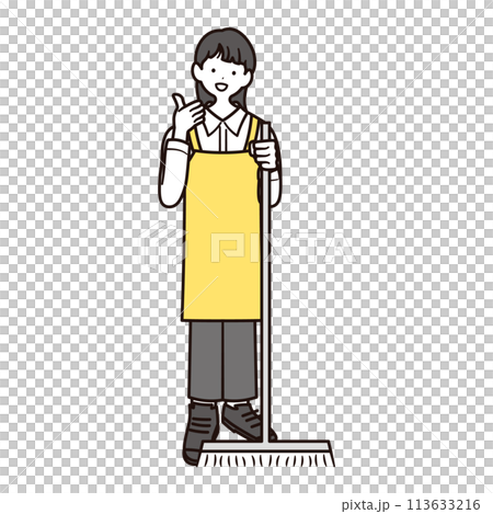 Full-body illustration of a Japanese female staff member working in a cafe with a mop 113633216