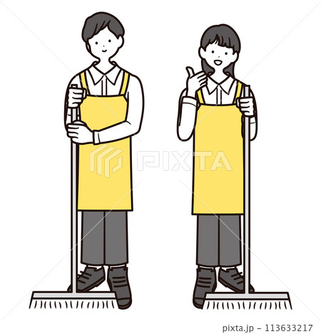 カフェで働くモップを持った日本人女性スタッフとモップを持った男性スタッフの全身イラスト素材2組セット 113633217