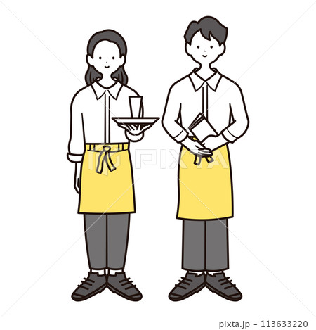 カフェで働く日本人女性スタッフと男性スタッフの全身イラスト素材2組セット 113633220