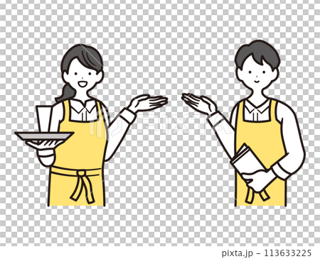A set of two upper body illustrations of a female staff member working at a cafe giving directions and a male staff member giving directions A set of two upper body illustrations of a female staff member working at a cafe giving directions and a male staff member giving directions 113633225