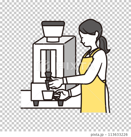 一位女店員將咖啡倒入杯子中的上半身插圖，咖啡機在咖啡館工作 113633226